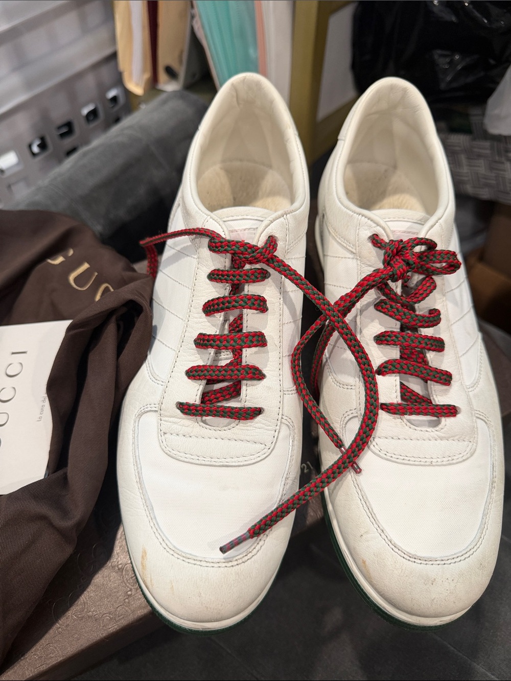 Gucci White Leather Sneakers with Red & Green Braided Laces